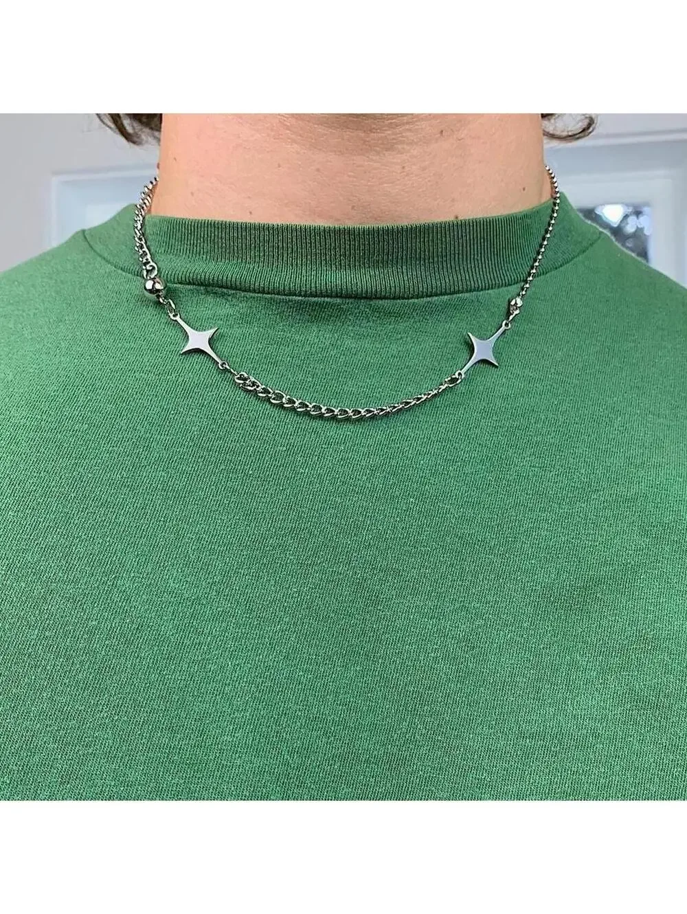 Cyber Y2k silver double start opium cyber punk style necklace. Cool design.